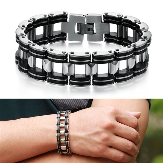 Men's Stainless Steel / Black Rubber Bike Chain Link Bracelet